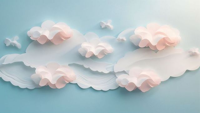 Sculptural pastel paper clouds and folded petals floating on pale blue backdrop for minimalist wall