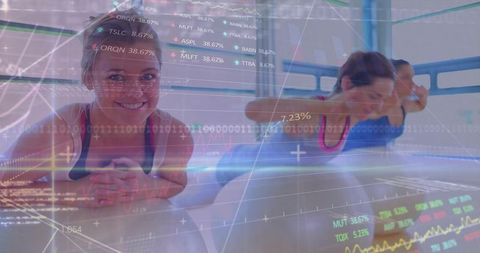 Women exercising on stability balls with financial data overlay, core strength training