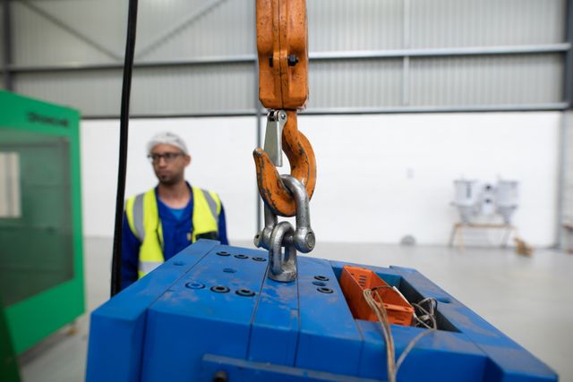 Factory worker in high visibility vest and hair net operating a crane in a warehouse. Ideal for use in industrial, manufacturing, and safety training materials, as well as articles on factory operations and labor.