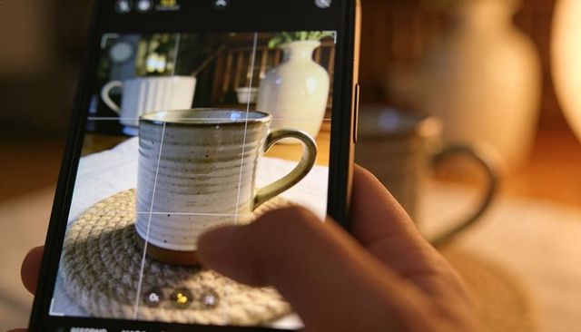 Hand holding smartphone framing ceramic mug on woven coaster for cozy home still life
