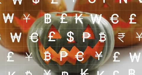 Jack-o-Lantern with Currency Symbols Expressing Finance Overlay