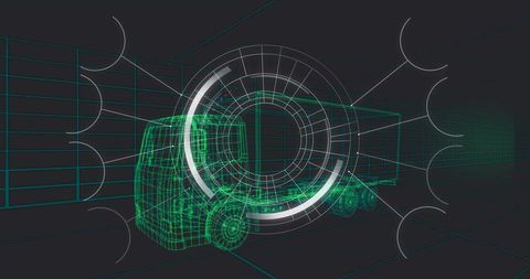 Wireframe Semi-Truck Navigating Digital Grid Tunnel with Futuristic HUD Overlay