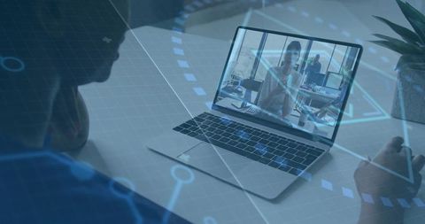 Remote team video conference with digital HUD overlay on laptop for virtual collaboration