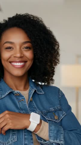 Smiling woman checking smartwatch on denim jacket sleeve in living room vertical video