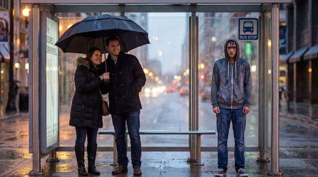 Couple sharing umbrella while drenched man waits at rainy urban bus stop at dusk