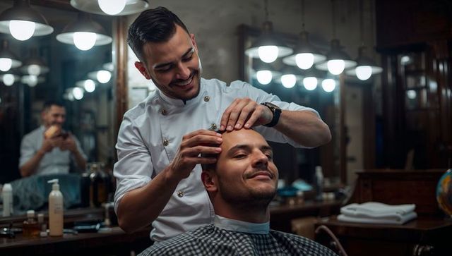 Barber massaging client scalp in vintage barbershop with warm mirror bulb lighting, cozy