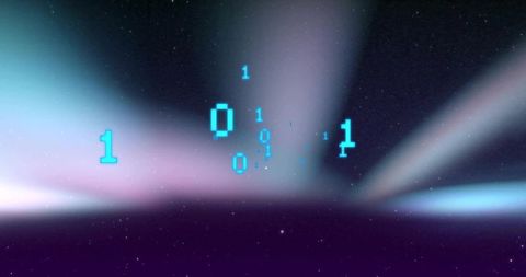 Neon binary aurora over cosmic horizon with floating cyan digits and starfield depth