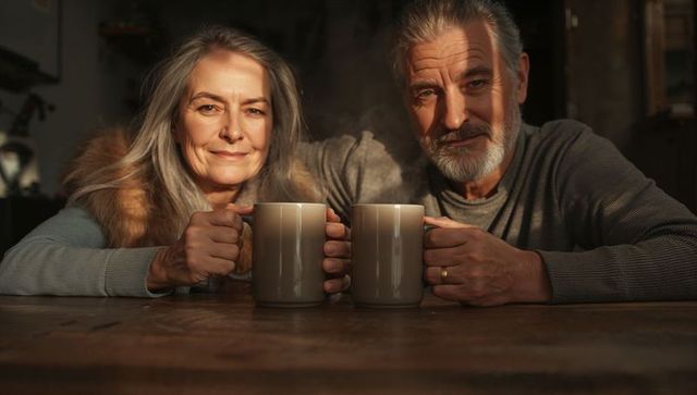 Sharing morning coffee on rustic wood table mature couple enjoying cozy sunlit moment at home