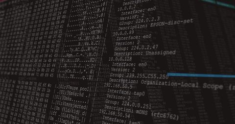 Dark terminal display showing hex dump, console logs, network IPs and highlighted code