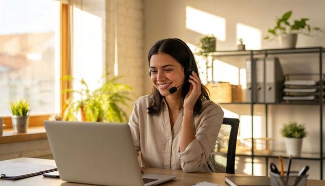 Smiling woman wearing headset working on laptop in sunlit home office with plants