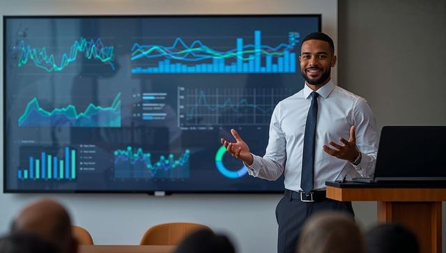 Confident african american executive presenting financial data on large screen in boardroom