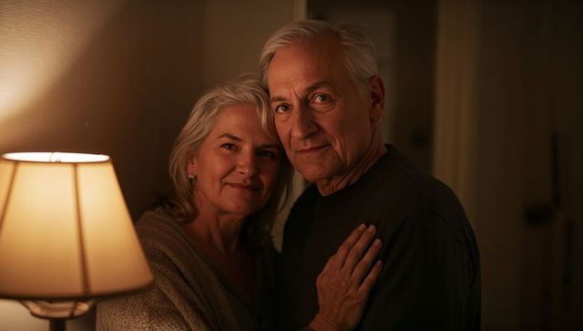 Senior couple sharing warm embrace by lamp in cozy home evening, intimate companionship