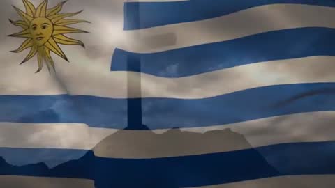Uruguay Flag Blowing Gently with Cross Silhouette