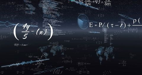 Formulas floating over starfield, globe and molecular structures with data waveforms