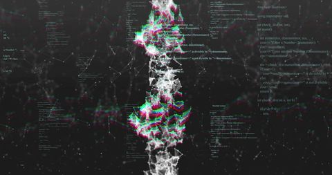 Glitch Data Spine Emitting RGB Chromatic Fringe With Floating Code and Network Particles