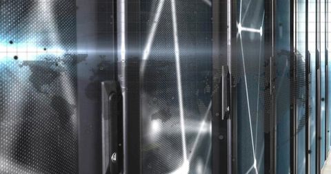 Modern data center corridor with digital world map aspect