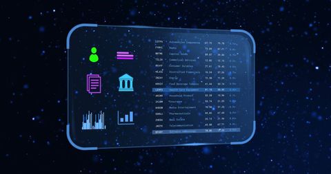Futuristic digital display with financial data and icons