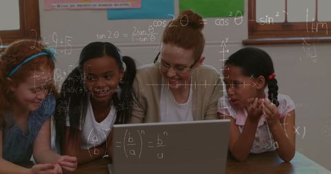 Diverse female teacher and students with moving math formulas on laptop
