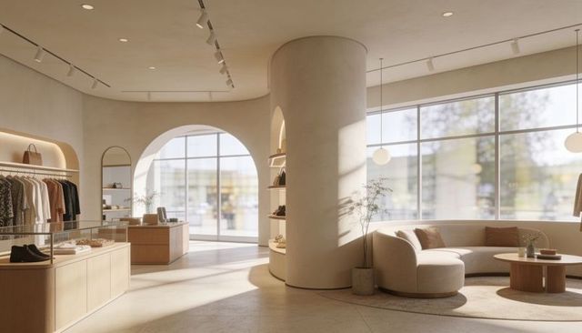 Sunlit minimalist boutique interior with curved sofa, column displays and arched windows
