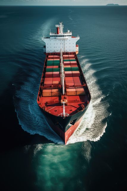 Large cargo ship navigating deep ocean waters at sunrise, featuring vibrant shipping containers and clear blue skies. Ideal for illustrating global trade, maritime transportation, and logistics services in advertisements, websites, and articles about the shipping industry.