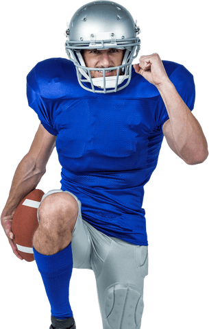 American football player posing with ball in dynamic stance transparent concept