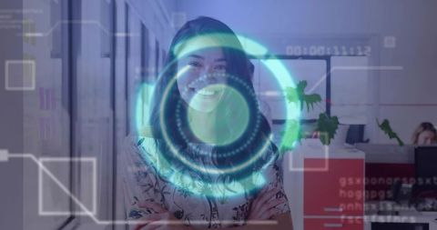 Innovative Businesswoman Embracing Futuristic Interface in Office