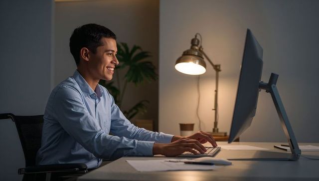Smiling asian man typing late at night on desktop computer in modern home office