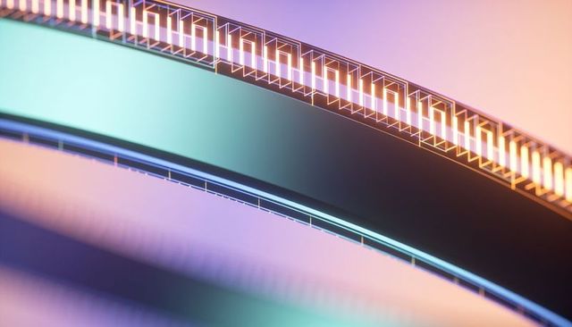 Curving metallic glass ribbons with illuminated led modules in pastel gradient futuristic