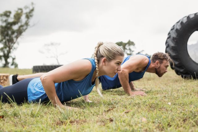 Fit individuals performing pushups in an outdoor boot camp. Ideal for promoting fitness programs, outdoor training sessions, and healthy lifestyle campaigns. Useful for illustrating teamwork, strength training, and endurance exercises.