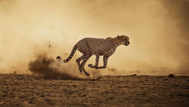 Cheetah sprinting through dusty desert