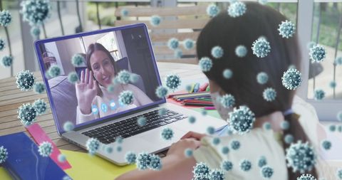 Girl on Video Call with Floating Virus Cells Imagery