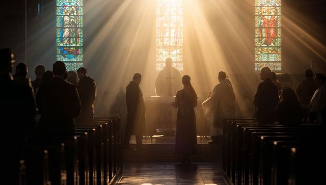 Robed clergy leading worship with sunbeams streaming through stained glass