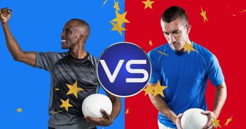 Rugby competition visual with diverse athletes confrontation concept