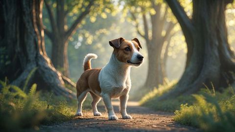 Inquisitive Jack Russell in Sunlit Forest Path