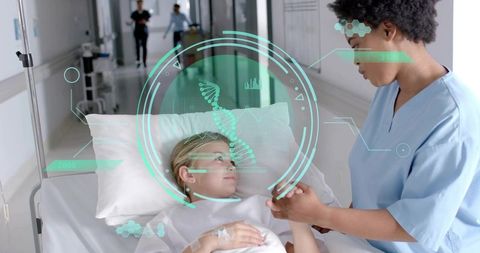 Caring nurse with patient and futuristic dna hologram
