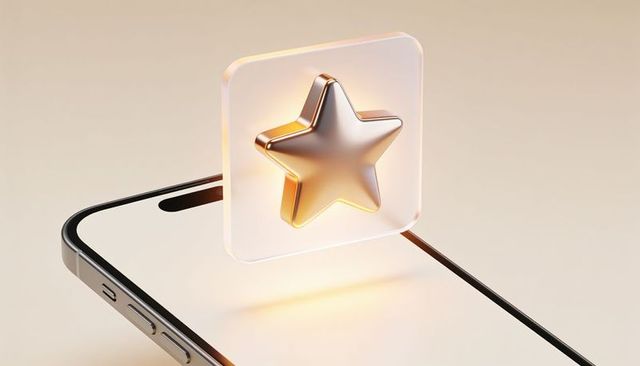 Floating gold star app badge above smartphone showcasing premium rating and reward concept