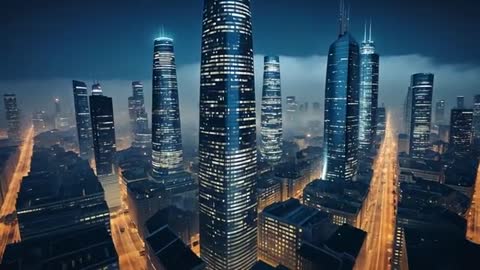Illuminated Futuristic Cityscape with Glowing Skyscrapers