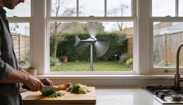 Home chef chopping herbs on wooden board with spinning backyard wind turbine outside window