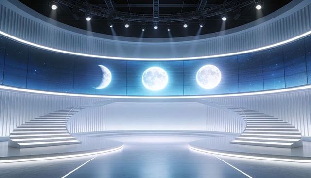 Futuristic circular stage featuring curved led wall showing lunar phases and twin staircases