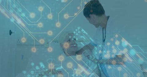 Nurse Assisting Elderly Patient with Futuristic Technology Overlay