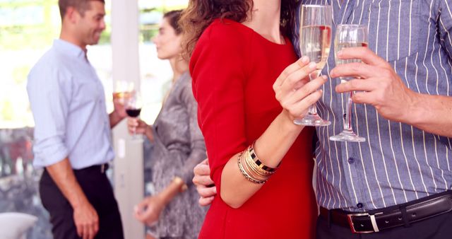 Couples engage in conversation and toast with drinks in a classy setting. Ideal for illustrating social gatherings, formal events, celebrations, or lifestyle articles focusing on elegant social interactions and parties.