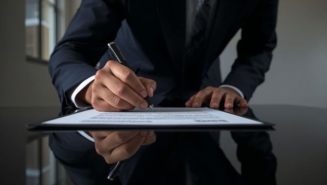Executive signing contract on glossy black desk with pen poised and tabletop reflection