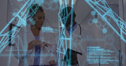 Physicians reviewing diagnostic data with augmented reality molecular overlay in clinic