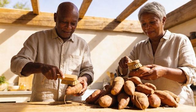 Senior couple cleaning sweet potatoes in sunlit rustic kitchen wearing linen shirts