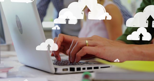 Hands Typing on Laptop with Cloud Storage Icons Overlay - Download Free Stock Images Pikwizard.com