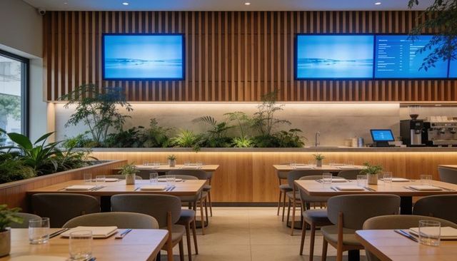 Modern cafe dining area featuring timber tables, padded chairs and lush indoor greenery