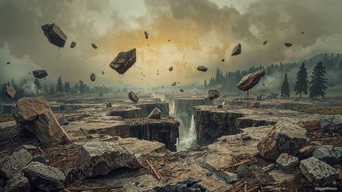Surreal Boulders Hover Above Rugged Plateau in Atmospheric Sunset