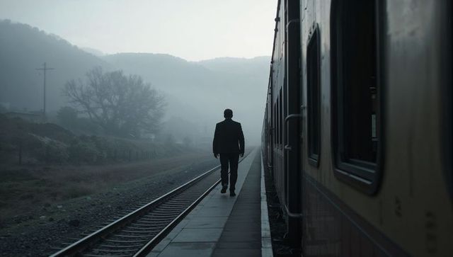 Solitary man walking along misty train platform at rural station, reflective travel mood