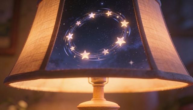 Glowing table lamp casting warm light with starry swirl panel for cozy night ambience