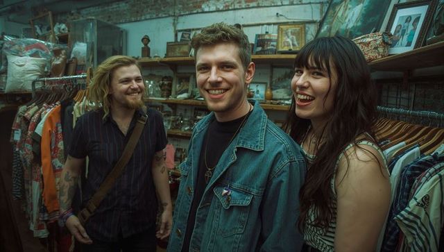 Friends Exploring Vintage Clothing Store Embrace Retro Vibes